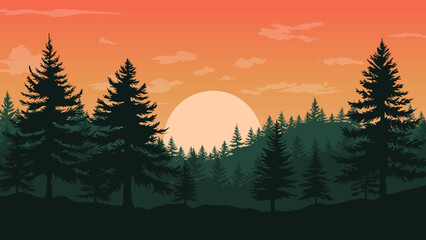 Pine forest silhouette. Sunset background. Vector illustration