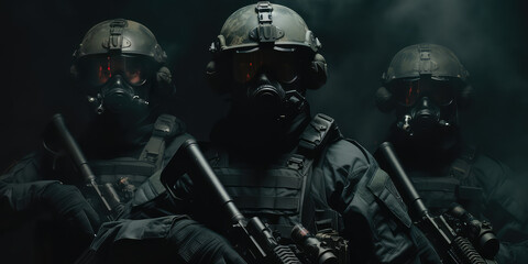 Soldiers in their uniforms standing in shadow, smokey dark background. Creative Army enlistment, militia, war and mobilization banner.