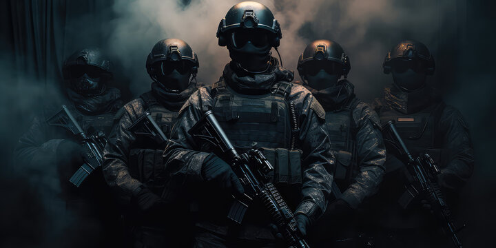 Soldiers in their uniforms standing in shadow, smokey dark background. Creative Army enlistment, militia, war and mobilization banner.