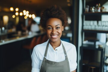Fototapeta premium Young female african american waitress working in a cafe bar in the city