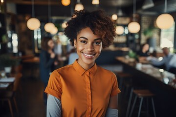 Young female african american bartender working in a cafe bar in the city