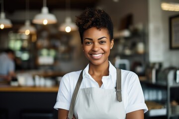Young female african american bartender working in a cafe bar in the city