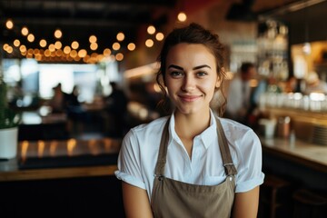 Portrait of a young female bartender working in a cafe bar in the city
