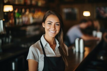 Portrait of a young female bartender working in a cafe bar in the city