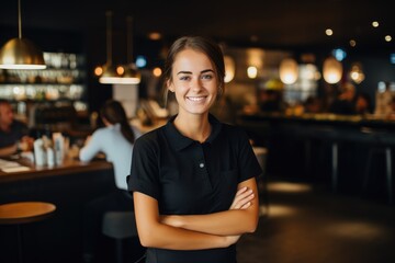 Portrait of a young female bartender working in a cafe bar in the city