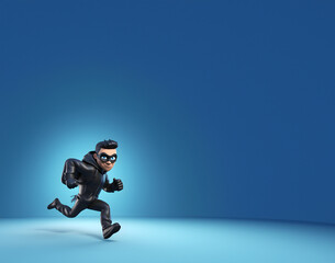 voleur habillé en noir, en train de courir, personnage style 3D sur fond bleu ciel