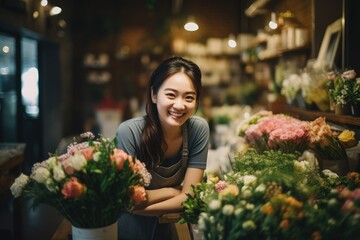 Young korean woman working in a flower shop in the city