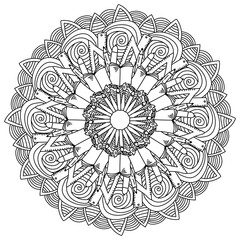 Outline mandala on education and school theme, meditative coloring page with ornate patterns