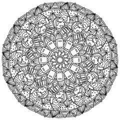 Creative mandala about education, meditative coloring page with ornate patterns and objects on a school theme