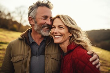 Middle aged caucasian couple living on a farm in the countryside smiling portrait - Powered by Adobe
