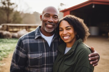 Naklejka premium Middle aged african american couple living on a farm in the countryside smiling portrait