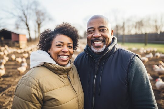 Middle aged african american couple living on a farm in the countryside smiling portrait