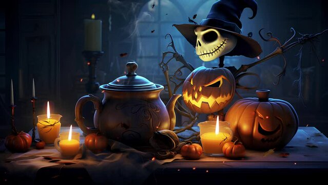 evil witch skull doll with burning halloween pumpkin candles on table, scene inside old castle. animated cartoon style. halloween video backgrounds. 4k looping animated backgrounds.