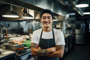 Young male asian chef working in a restaurant kitchen smiling portrait