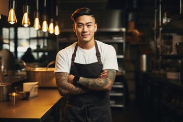 Fototapeta premium Young male asian chef working in a restaurant kitchen smiling portrait