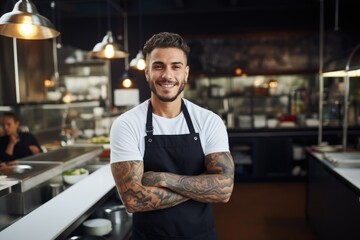 Young male caucasian chef working in a restaurant kitchen smiling portrait