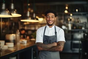 Portrait of a young male african american chef working in a restaurant kitchen smiling