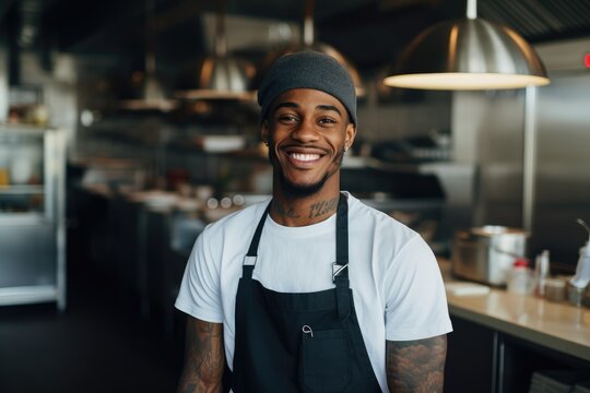 Portrait of a young male african american chef working in a restaurant kitchen smiling