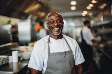 Fototapeta premium Middle aged african american chef working in a restaurant kitchen