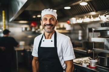 Middle aged british caucasian chef working in a restaurant kitchen smiling portrait