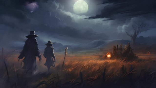 scary evil witch walking midnight in wheat field under full moon. owls, bats, corn people, witches. halloween videos background. Seamless looping animated background.