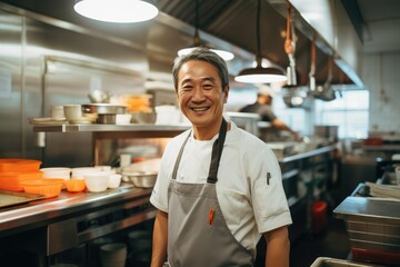 Middle aged korean chef working in a restaurant kitchen smiling portrait
