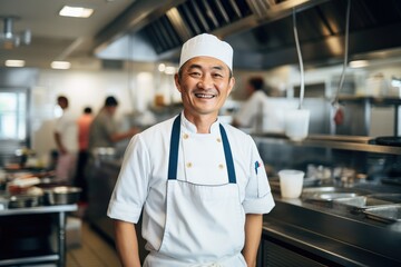 Middle aged japanese chef working and preparing food in a restaurant kitchen smiling portrait
