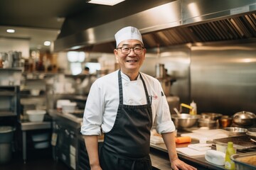 Fototapeta na wymiar Middle aged japanese chef working and preparing food in a restaurant kitchen smiling portrait