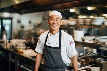 Fototapeta na wymiar Middle aged chinese chef working and preparing food in a restaurant kitchen smiling portrait