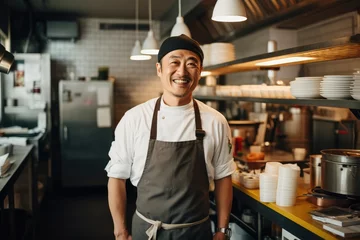 Keuken foto achterwand Peking Middle aged chinese chef working and preparing food in a restaurant kitchen smiling portrait