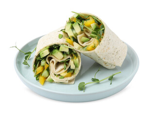 Delicious sandwich wraps with fresh vegetables isolated on white