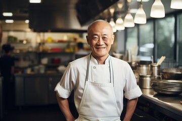 Middle aged chinese chef working and preparing food in a restaurant kitchen smiling portrait