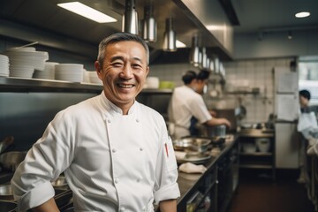 Fototapeta premium Middle aged chinese chef working and preparing food in a restaurant kitchen smiling portrait