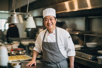 Middle aged asian chef working in a restaurant kitchen smiling portrait