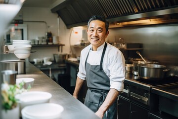 Fototapeta na wymiar Middle aged asian chef working in a restaurant kitchen smiling portrait