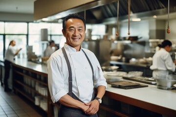 Fototapeta na wymiar Middle aged asian chef working in a restaurant kitchen smiling portrait