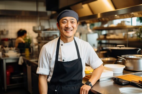 Middle aged asian chef working in a restaurant kitchen smiling portrait