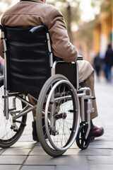 back view. a man is sitting in a wheelchair. support and assistance to a disabled person, a person with disabilities
