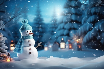 Snowman in a hat on a blue background. night, lights and magic. christmas and new year, winter. fairy forest.