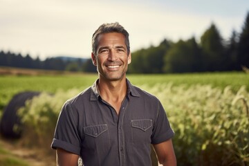 Naklejka na ściany i meble Portrait of a smilimg middle aged caucasian farmer on his farm field