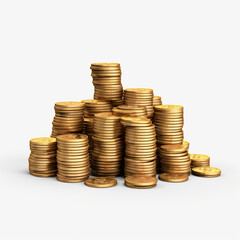 Stack of round glossy Gold coin stacks on a white background. Pile of golden coins with sparkle isolated 