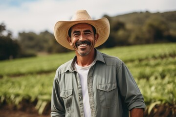 middle aged male mexican farmer smiling and working on a farm field portrait - Powered by Adobe