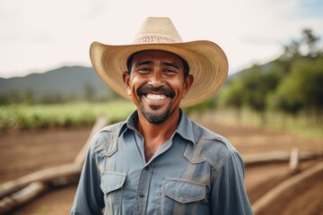 Fototapeta premium middle aged male mexican farmer smiling and working on a farm field portrait