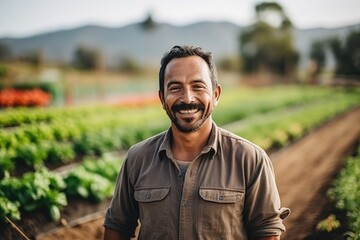 middle aged male mexican farmer smiling and working on a farm field portrait