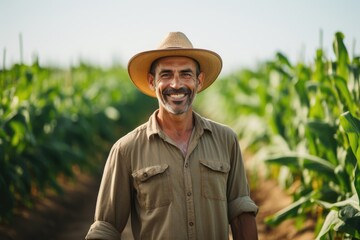 middle aged male mexican farmer smiling and working on a farm field portrait