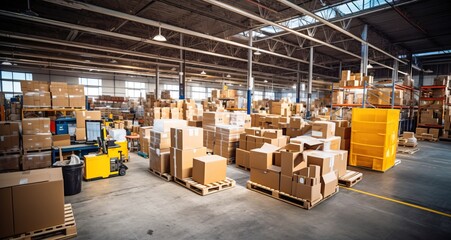 business people at a big warehouse full of pallets with cartons, generative ai"