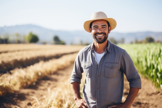 middle aged male mexican farmer smiling and working on a farm field portrait