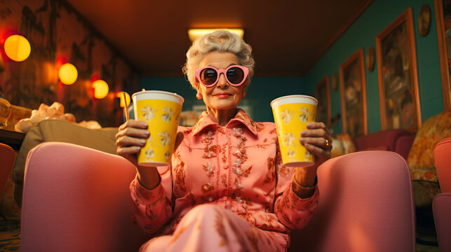 adorable senior lady in the cinema, generative ai
