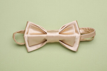Stylish beige bow tie on pale green background, top view