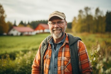 Naklejka na ściany i meble Senior caucasian male farmer smiling portrait on a farm